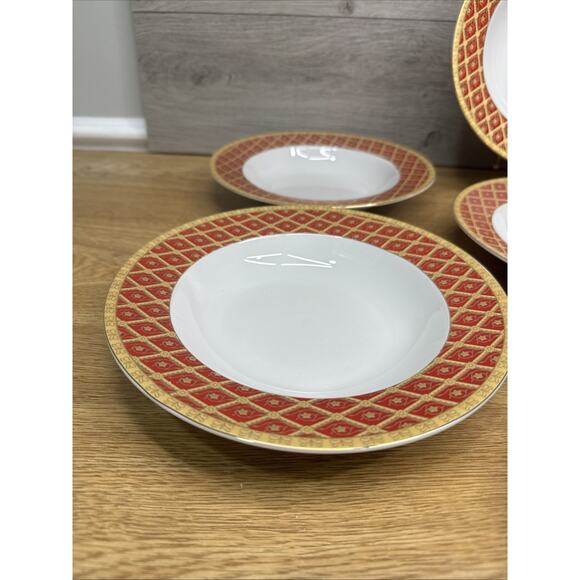 Highgate Manor Royal Tiara Red & Gold Diamond 8.5” Rimmed Soup Bowl~7 Pc Set - Picture 4 of 8